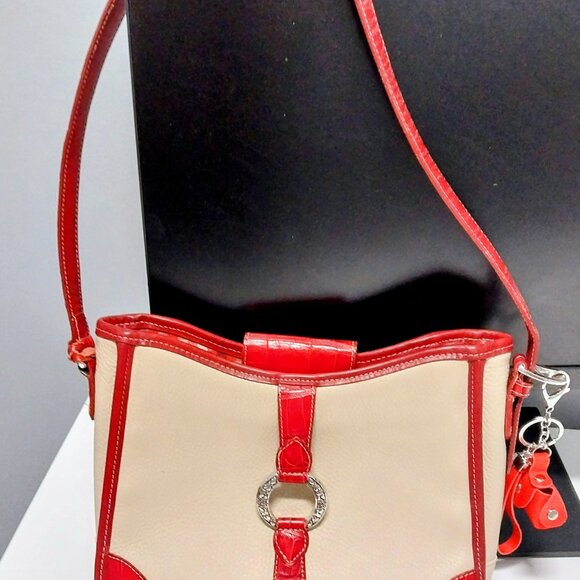 Brighton Handbags - BRIGHTON VINTAGE CREAM/RED LEATHER BUCKET BAG PURSE MEDIUM EUC WITH AIRPOD HOLDE